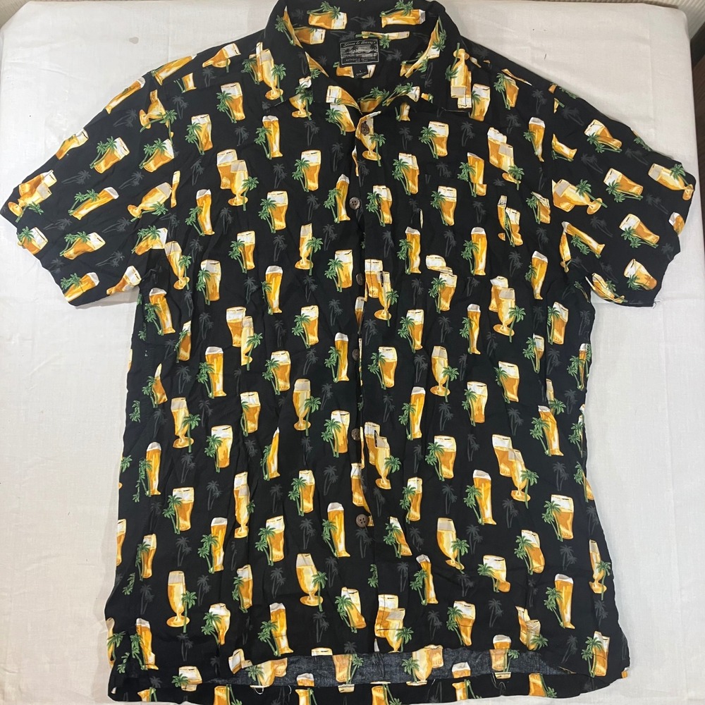 Steve & Barrys Mens Large Hawaiian Shirt Beer Pint Palm Tree Rayon Black Gold